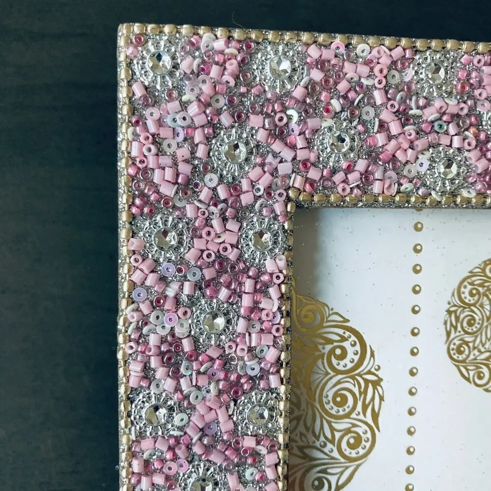 Handmade Pink Beaded Boho Wood Picture Frame